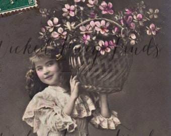 Vintage French Postcard, Instant Download Digital Photo, Girl Holding Basket of Flowers