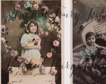 Vintage French Postcards, Instant Download Digital Photos, Colored Flower Postcards set of 4