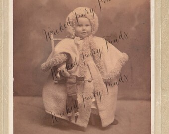Antique Cute Baby Girl in Large Coat Holding Doll Photo for Instant Download Digital Photo, Baby Bundled in Winter Clothes