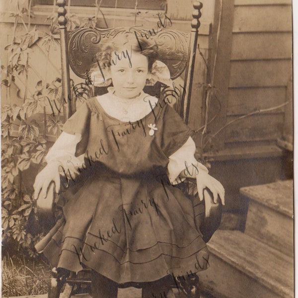Antique Victorian Girl with Bow in Old Rocker Chair Photo for Instant Download Digital Photo, Girl in Victorian Dress and Victorian Boots