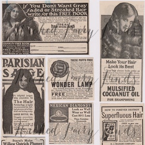 May include: A collection of vintage advertisements for hair care products, including Parisian Sage, Mulsified Coconut Oil, and Parker's Hair Balsam. The ads feature images of women with beautiful hair and promise to help with hair loss, graying, and other hair problems.