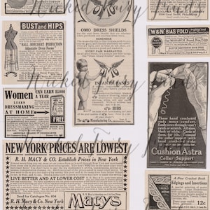 Könnte beinhalten: Eine Sammlung von Vintage-Anzeigen für verschiedene Produkte, darunter Häkelzubehör, Kleidungsstücke, Babykleidung und Nähzubehör. Die Anzeigen zeigen Illustrationen und Text und präsentieren die Produkte und ihre Vorteile.