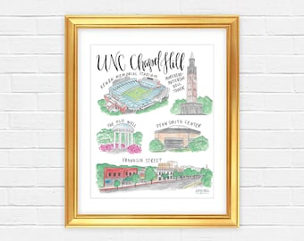 UNC Chapel Hill Watercolor Print — University of North Carolina Tar Heels — Unframed