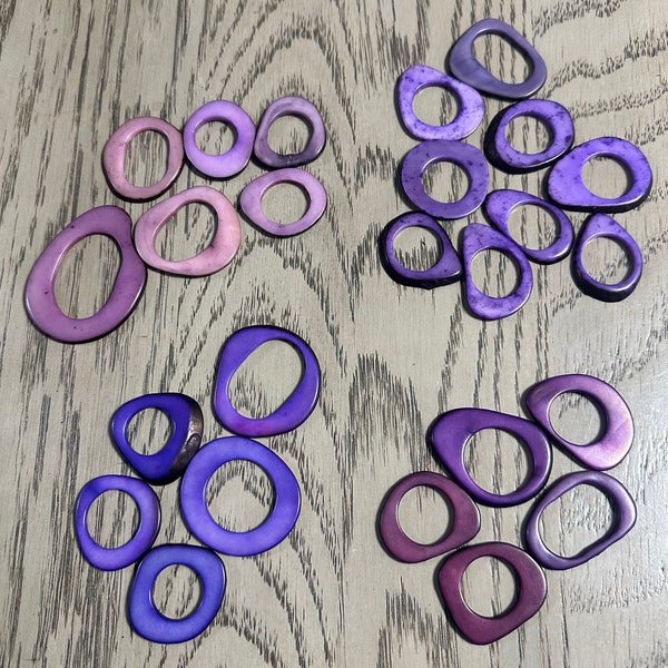 Tagua beads. Mix of purple, lilac & plum. Tagua hoops, donuts, rings, discs. 20 rings of tagua. 4x3.5 cm. approx. Drilled or Undrilled