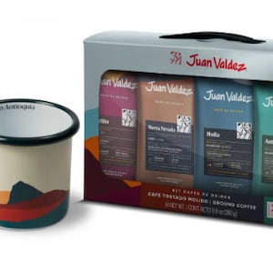 Caja de regalo para amantes del café. Taza Peltre + 4 sabores de café
