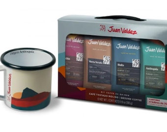 Coffee Lover Gift Box. 1 Metal - Peltre Mug + 4 Flavors of Juan Valdez Premium Ground Coffee from the Mountains of Antioquia - Colombia.