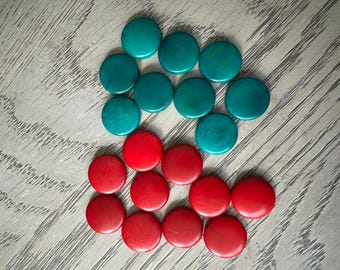 Tagua Nut Seed Beads 20 Round Coin Red and Teal 2cm. approx.  Side Drilled  Handmade in Colombia Jewelry Making Sustainable Eco Natural