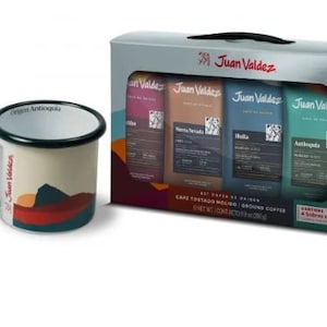 Geschenkdoos voor koffieliefhebbers. Inclusief 1 metaal-/peltremok + 4 zakjes - 4 smaken Juan Valdez gemalen koffie uit de bergen van Colombia