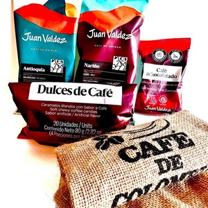 Coffee Gift Set from Colombia. Juan Valdez. 4 Samplers: 2 Ground Coffee Flavors