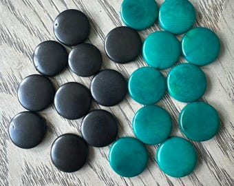 Tagua Nut Seed Beads 20 Round Coin Black and Teal 2cm. approx.  Side Drilled  Handmade in Colombia Jewelry Making Sustainable Eco Natural