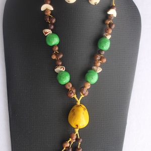 Tagua Necklace and Earrings Set. Yellow, Brown and Green.