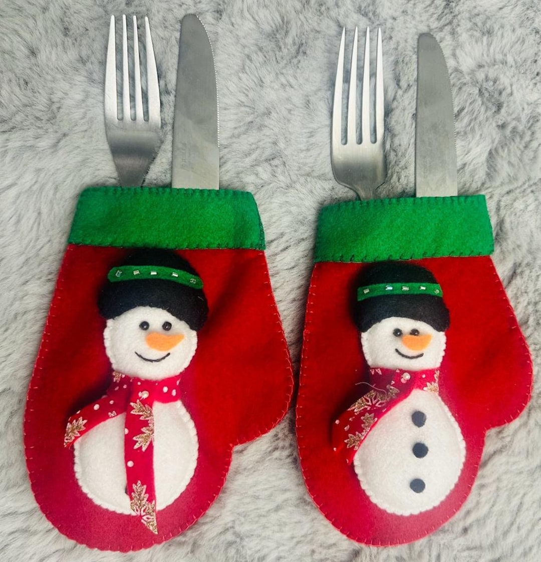 Snowman Christmas Cutlery Holder Silverware Pouch, Utensil Holders, Set