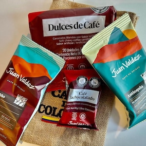 Coffee Lover Gift Kit from Colombia 4 Pcs. Set: 2 Sachets 1 bag of Coffee Beans with Chocolate 1 Bag of Coffee Candies Coffee Sampler