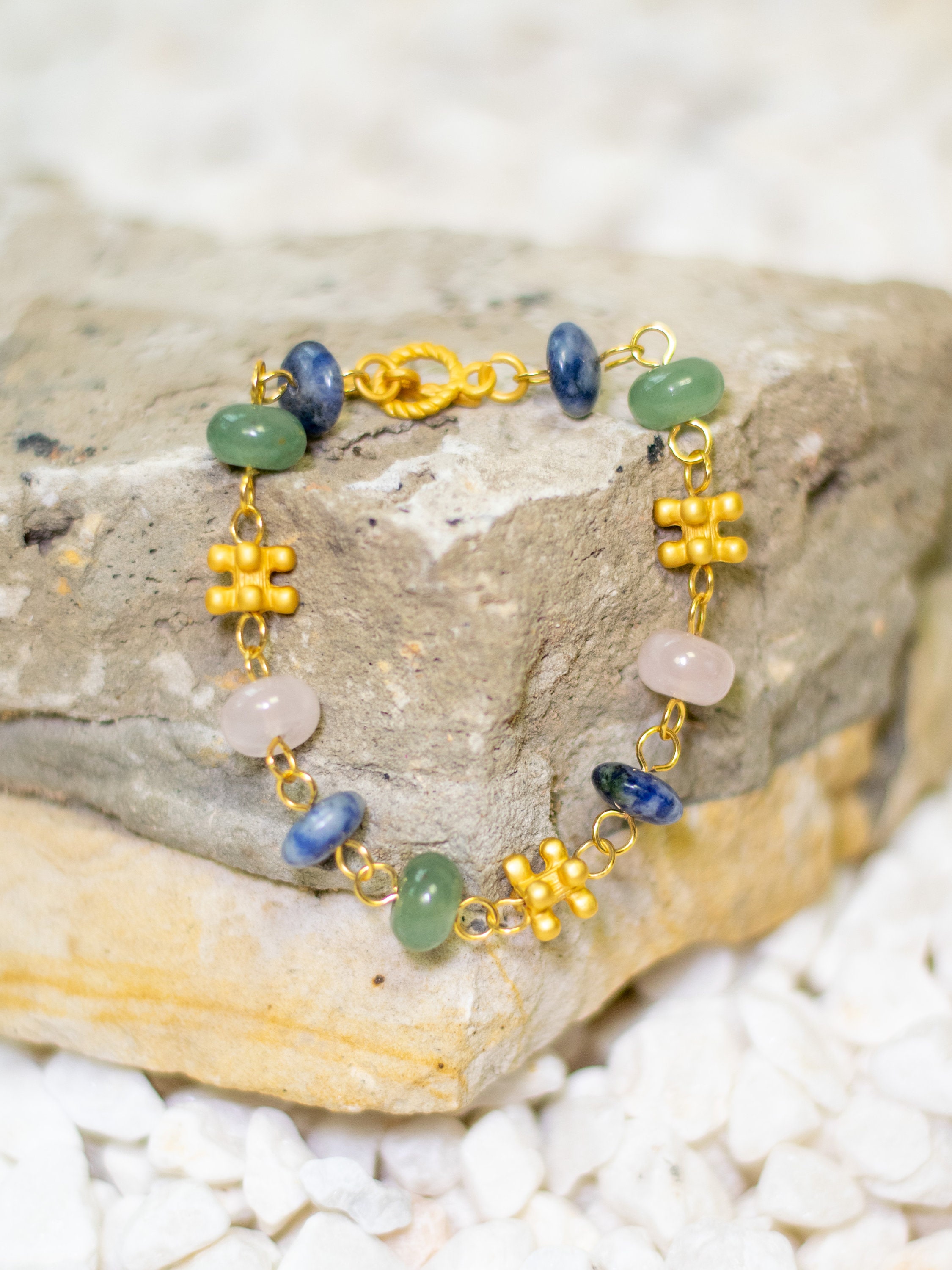Pre-Columbian Indigenous Muisca Gold Blue & Green Bracelet 24K Gold Plated Pre-Hispanic Jewelry Handcrafted in Colombia Native South America