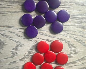 Tagua Nut Seed Beads 20 Round Coin Red and Purple 2cm. approx.  Side Drilled  Handmade in Colombia Jewelry Making Sustainable Eco Natural