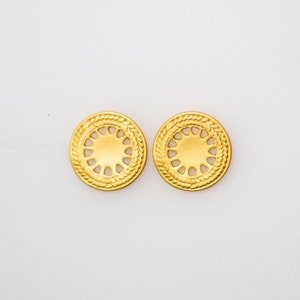 Pre-Columbian Muisca Pattern Round Earrings. Colombia- 24K Gold Plated, Pre Columbian Jewelry, Handcrafted Jewelry from Colombia
