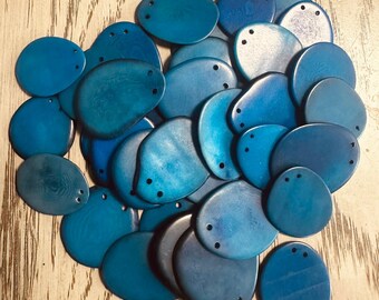 Tagua Nut Bead Slice | Seed Beads Mix of Blue Colors | Small Size 2x2 cm approx. Top Drilled 2 Holes | 20 Tagua Slices for Jewelry Making