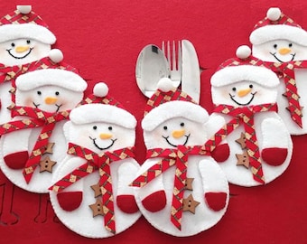 Snowman Christmas Cutlery Holder, Silverware Pouch, Utensil Holders, Tableware Holders, Christmas Dining, Table Decor. Free Shipping