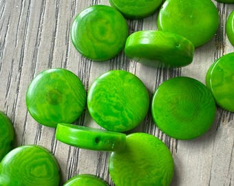 Tagua Nut Seed Beads 15 Round Coin Beads in Green 2cm. approx. Jewelry Making Side Drilled Sustainable Eco Natural Carving Woodwork Beading