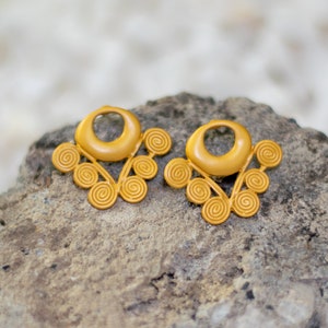 Pre-Columbian Muisca Pattern Pendant Earrings. Colombia- 24K Gold Plated, Pre Columbian Jewelry, Handcrafted Jewelry from Colombia