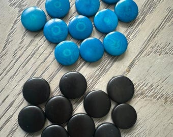 Tagua Nut Seed Beads 20 Round Coin Black and Blue 2cm. approx.  Side Drilled  Handmade in Colombia Jewelry Making Sustainable Eco Natural