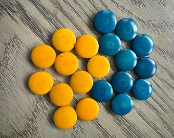 Tagua Nut Seed Beads 20 Round Coin Blue and Yellow 2cm. approx.  Side Drilled  Handmade in Colombia Jewelry Making Sustainable Eco Natural