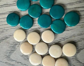 Tagua Nut Seed Beads 20 Round Coin Beige and Teal 2cm. approx.  Side Drilled  Handmade in Colombia Jewelry Making Sustainable Eco Natural