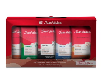 Coffee Lover Gift Box. Coffee from the Mountains of Colombia. Ground Coffee Juan Valdez Premium. 5 Sachets of 4 Colombian Coffee Flavors