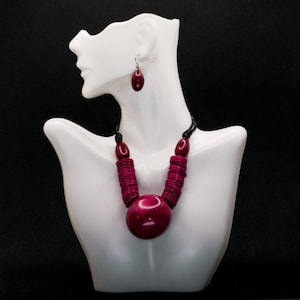 Christmas Gift Women Tagua Dark Pink Tagua Nut Ethical Sustainable Jewelry Set Necklace & Earrings Holiday Gift Unique Handmade in Colombia