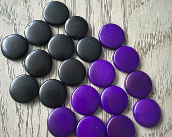 Tagua Nut Seed Beads 20 Round Coin Black and Purple 2cm. approx.  Side Drilled  Handmade in Colombia Jewelry Making Sustainable Eco Natural