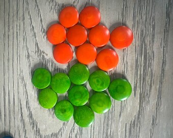 Tagua Nut Seed Beads 20 Round Coin Green and Orange 2cm. approx.  Side Drilled  Handmade in Colombia Jewelry Making Sustainable Eco Natural