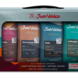 Coffee Lover Gift Box. 4 Flavors of Coffee from the Mountains of Colombia. Ground Coffee Juan Valdez Premium 4 Sachets, 70 gr. x bag