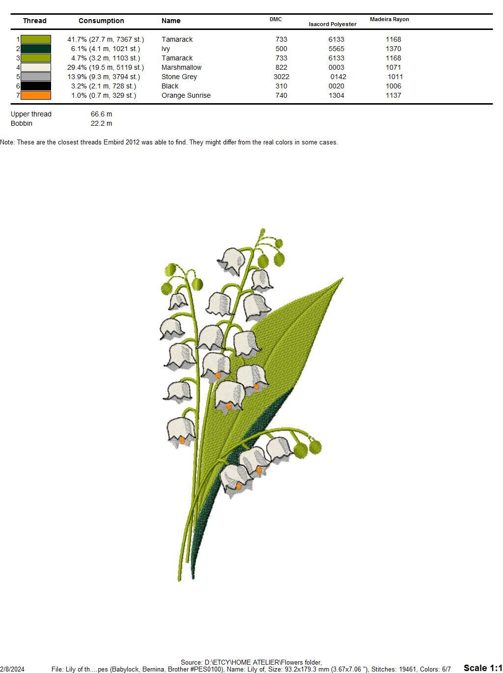 Lily of the Valley. Machine Embroidery Design. 7x5 Hoop Size