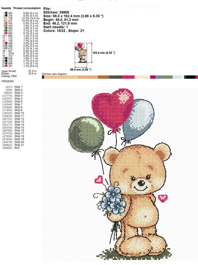 Teddy bear with balloons Machine Embroidery design and PDF pattern for hand-made embroidery