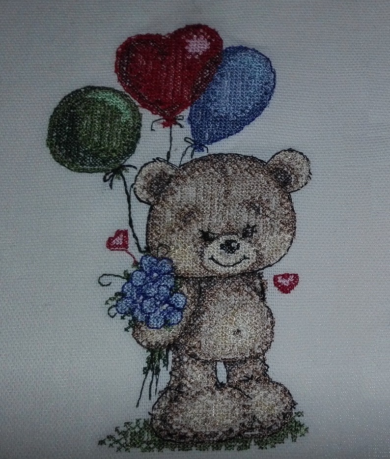 Teddy bear with balloons Machine Embroidery design and PDF pattern for hand-made embroidery