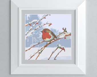 Winter robin. Cross stitch PDF pattern for hand embroidery