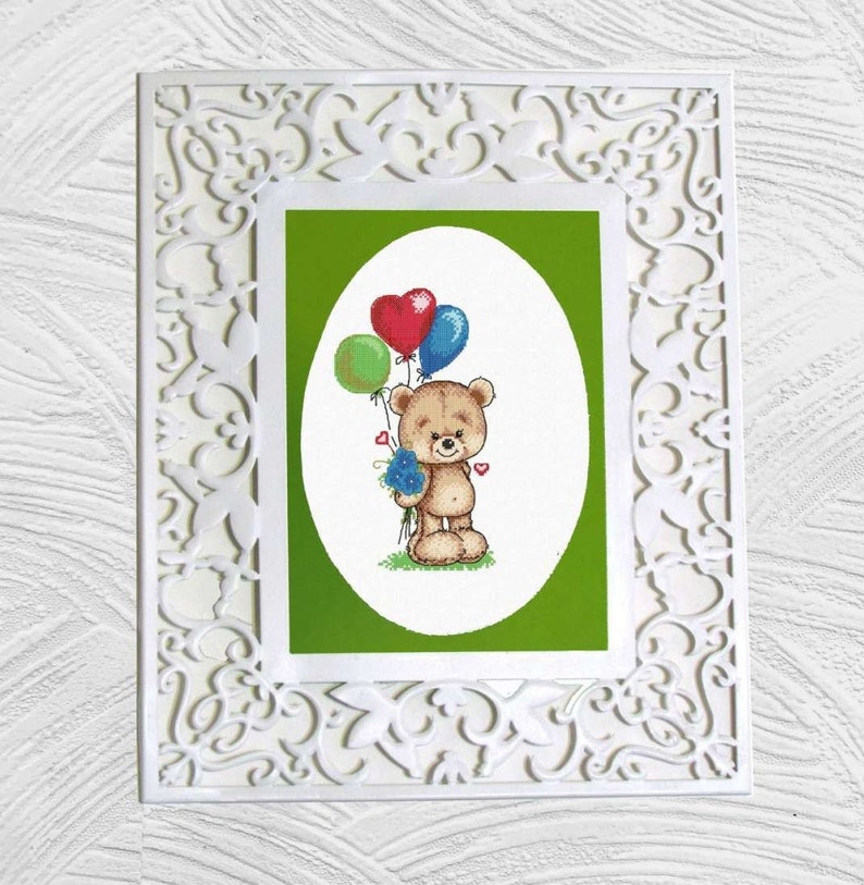 Teddy bear with balloons Machine Embroidery design and PDF pattern for hand-made embroidery