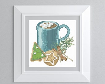 Christmas coffee cup. Cross stitch PDF pattern for hand embroidery