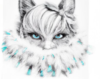 Blue-eyed cat and feather boa, Wall art, pet DIGITAL DOWNLOAD to print on poster or canvas, gift
