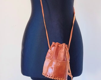 Brown Leather Crossbody Pouch Bag, Small Bucket Bag