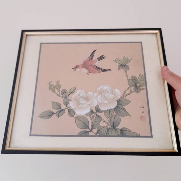 Aquarelle asiatique vintage sur papier de soie Peinture chinoise orientale Oiseau estampillé et signé