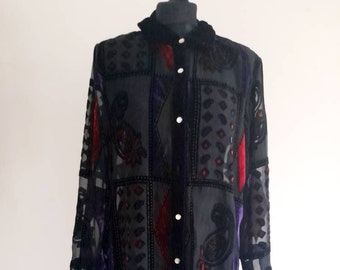 Vintage Embroidery Silk Velvet Long Sleeve Sheer Blouse Top Size 14 UK