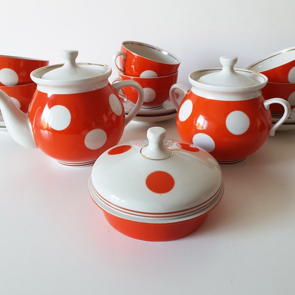 Soviet tea set / Red white polka dot tea service / Vintage teapot and cups / collectible ceramice / Porcelain tea set / red dot tea kettle