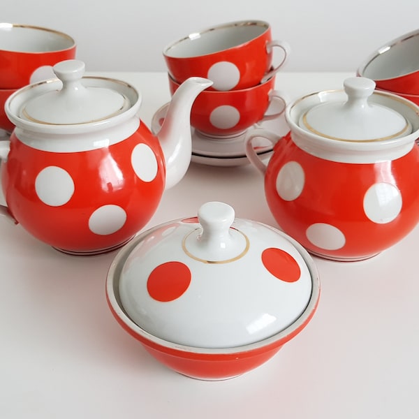 Soviet tea set / Red white polka dot tea service / Vintage teapot and cups / collectible ceramice / Porcelain tea set / red dot tea kettle