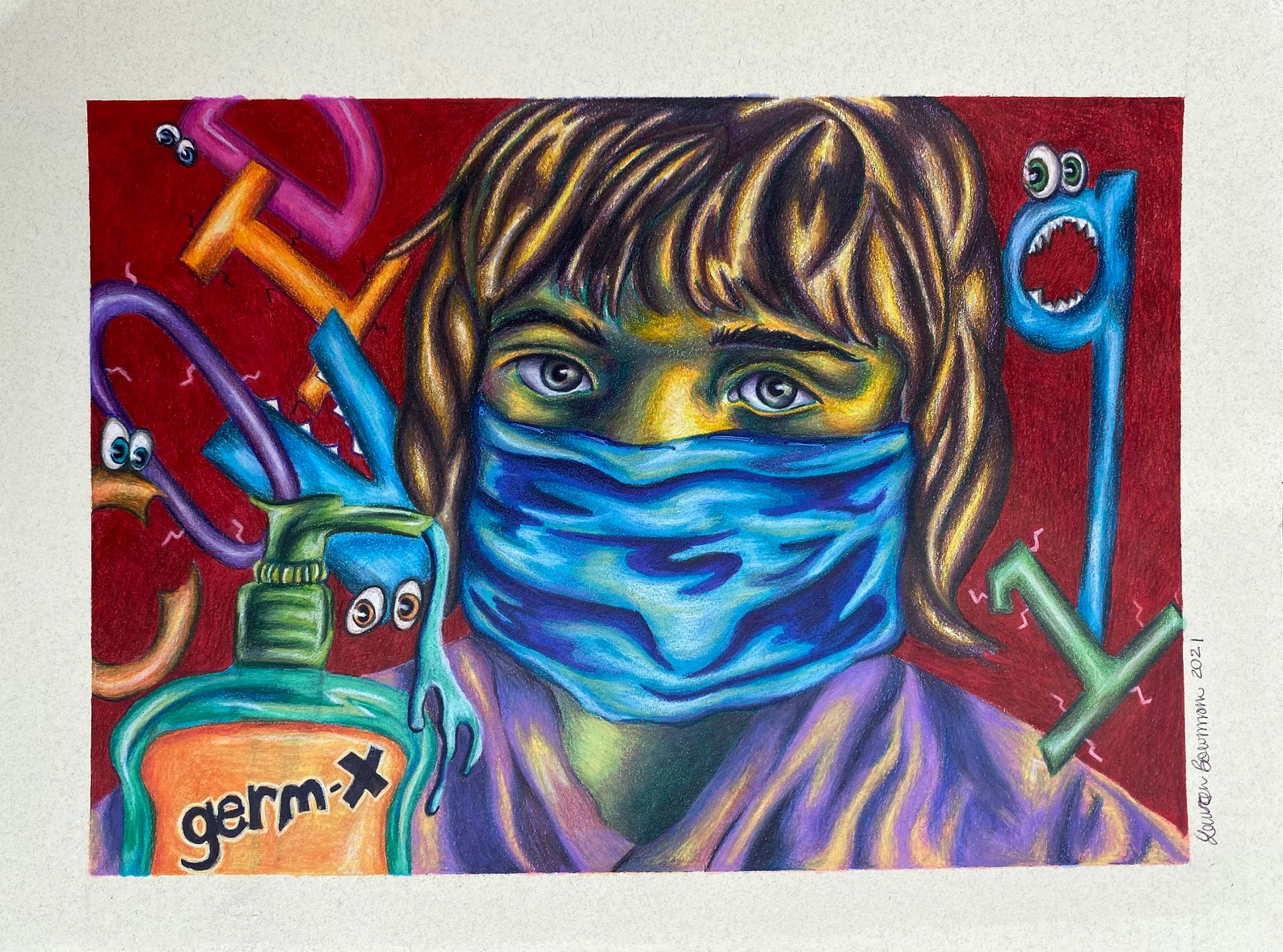 Covid-19 Colored Pencil Drawing on Toned Paper Germophobic | Etsy
