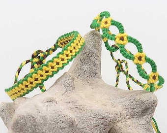 Duo de bracelets brésiliens ,daisy chain tournesol, bracelet fleurs, bracelet de voeux,