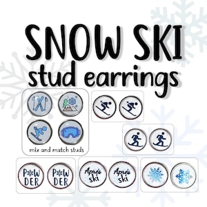 Snow Ski Collection stud earrings; downhill skier, snow skiing, après ski, powder, goggles, mountains, poles, snowflakes, snowboard