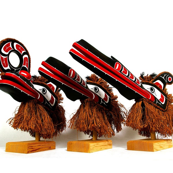 First Nations Set of Three Northwest Coast Hamatsa Masks with Stands