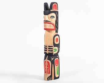 Model Bear Totem Pole Yellow Cedar Hand-Carved with Abalone