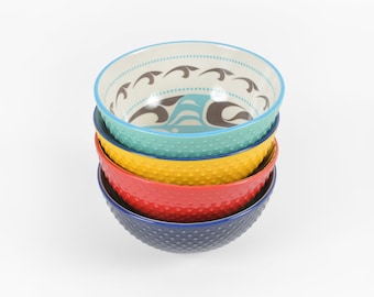 Set of Four Small First Nations Art Bowls Various Designs Food Safe